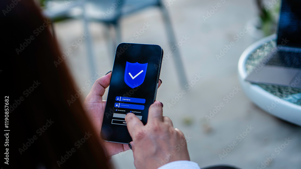 Phone password lock for mobile cyber security or login verification passcode in online bank app. phone with a password to access a smartphone, security threats online, and fraud.