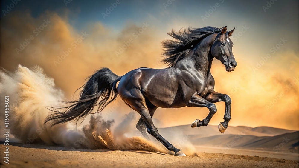 Majestic Black Stallion Running Wild in Desert Dust - Stock Photo Majestic Black Stallion Running Wild in Desert Dust - Stock Photo