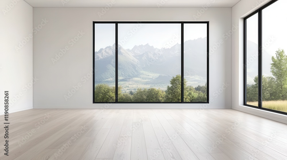 Fototapeta premium A bright, minimalistic room featuring large windows with a scenic view of mountains and trees, allowing natural light to fill the space.