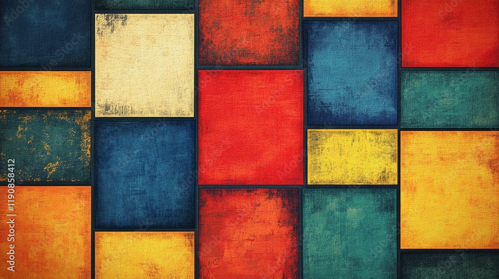 Large, off-kilter squares with bold, contrasting colors, giving a retro feel to the background. Large, off-kilter squares with bold, contrasting colors, giving a retro feel to the background.