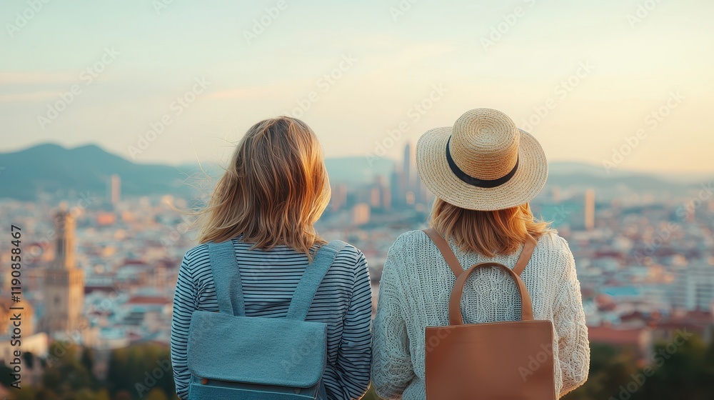 Naklejka premium Two women enjoy a sunset view over a city skyline, wearing casual outfits and hats, symbolizing friendship and travel.