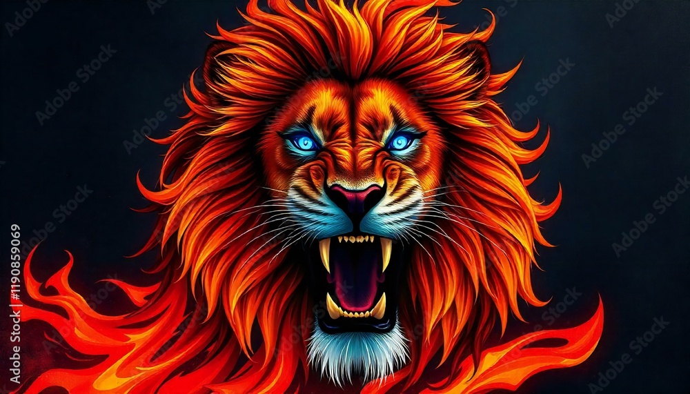 Dramatic Lion Roar with Flamelike Fur and Electric Blue Eyes - Generated By AI. Dramatic Lion Roar with Flamelike Fur and Electric Blue Eyes - Generated By AI.
