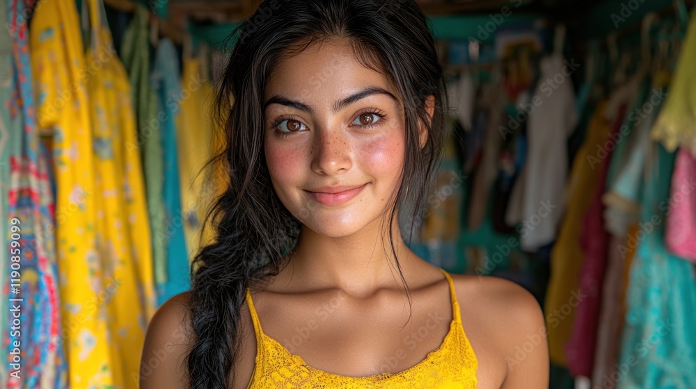 Naklejka premium Smiling young woman with long dark hair in a yellow top.