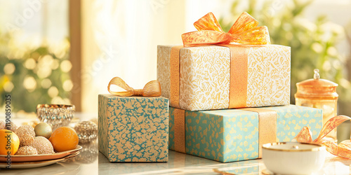 elegant setup for eid gift wrapping featuring intricate patterns and luxurious ribbons
 photo