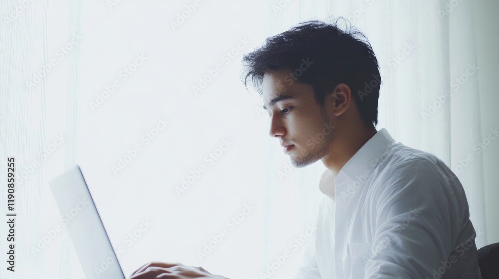 Young man working on laptop near bright window. Young man working on laptop near bright window.