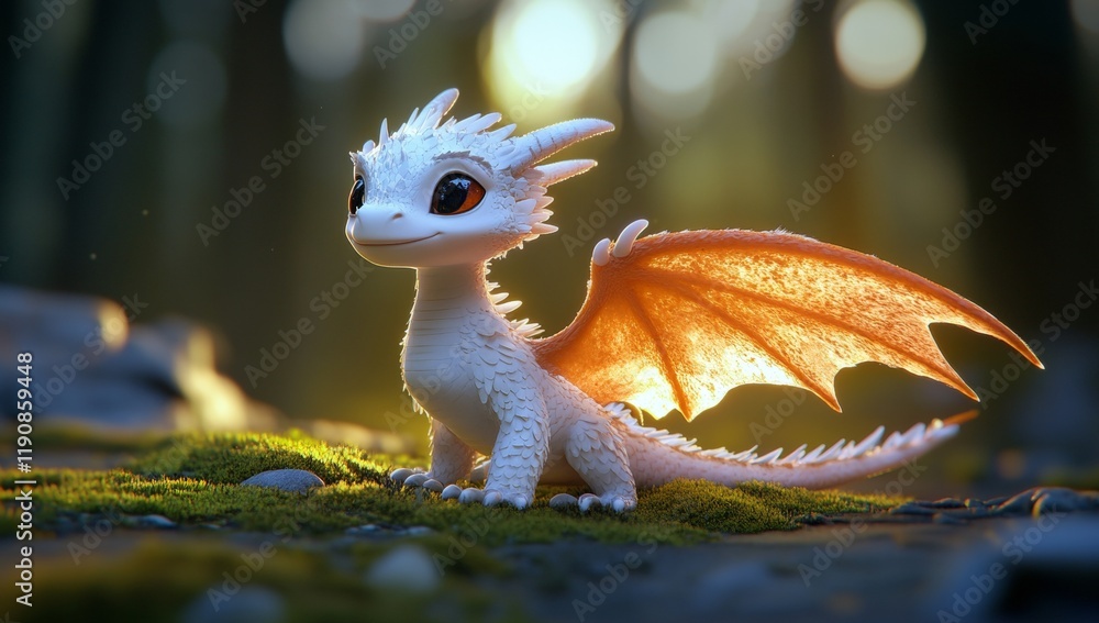 Naklejka premium A cute baby dragon with big eyes, smiling and looking at the camera, forest background