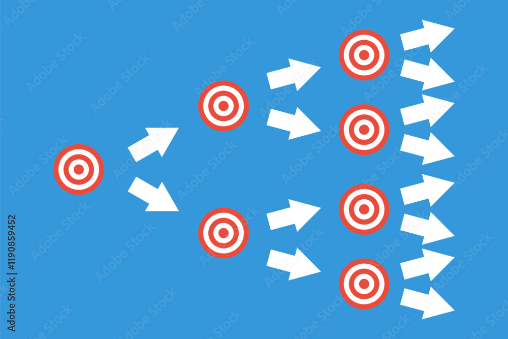 one goal split to many other, decomposition big target to several small, chain reaction marketing strategy, word of mouth vector illustration, exponential business growth concept one goal split to many other, decomposition big target to several small, chain reaction marketing strategy, word of mouth vector illustration, exponential business growth concept