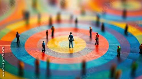 A central blue figure stands on a multicolored target-like surface with concentric circles