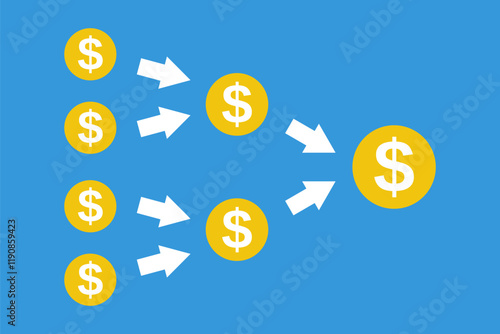 many small coins multiple to one big, successful business strategy, growth marketing plan, mergers and acquisitions concept, increase profit vector illustration