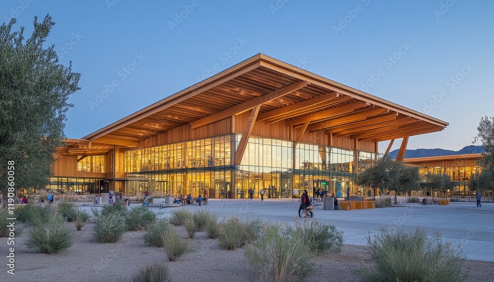 Obraz premium Modern, Sustainable Office Building with Exposed Wood Structure Glows at Twilight in the Suburbs