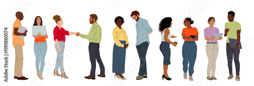 Different business team members standing, talking, greeting, shaking hands, taking part in business activities, meeting, brainstorming, coffee break. Multiracial people vector illustrations isolated.