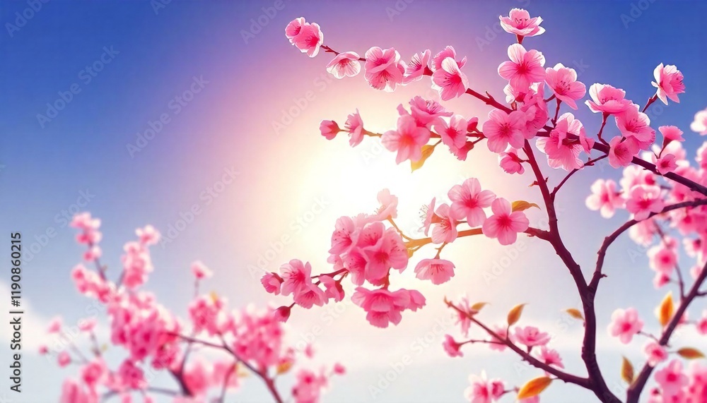 Gentle Sunrise Behind Cherry Blossoms Representing New Beginnings - Generated By AI. Gentle Sunrise Behind Cherry Blossoms Representing New Beginnings - Generated By AI.