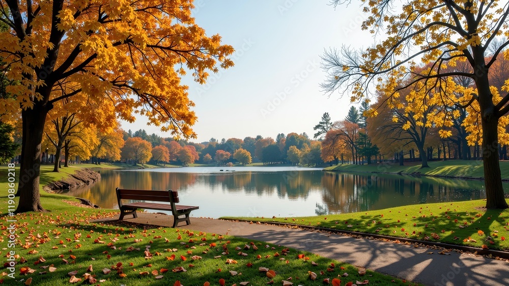 Obraz premium A serene lake embraced by lush grass, dotted with vibrant orange leaves underfoot. A meandering concrete path guides to a quaint wooden bench beside it