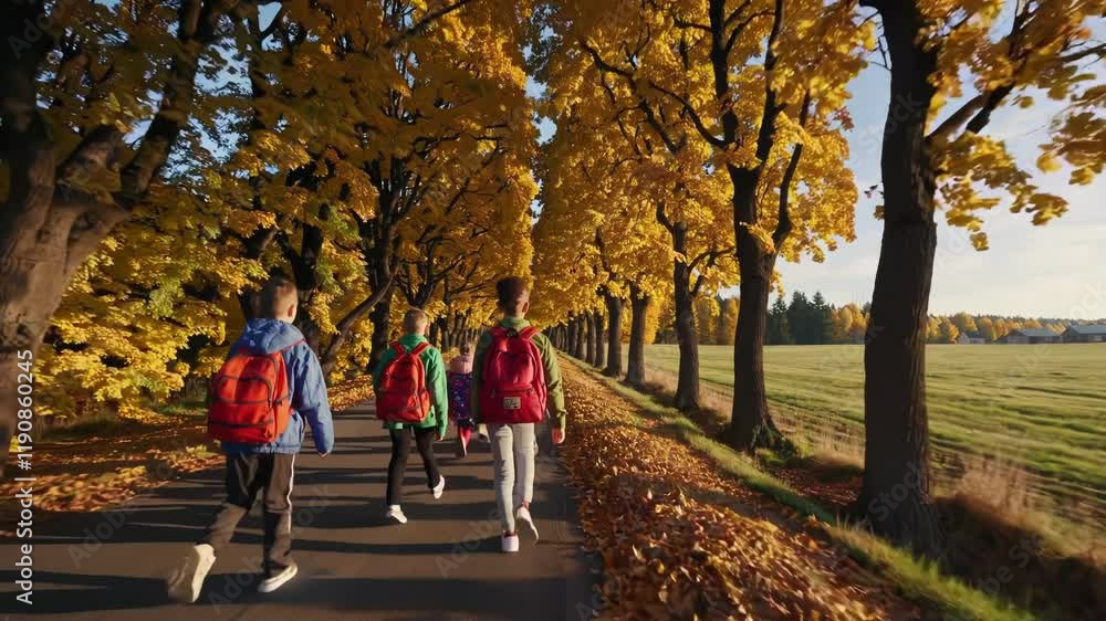 Children Walking to School in Autumn Children Walking to School in Autumn