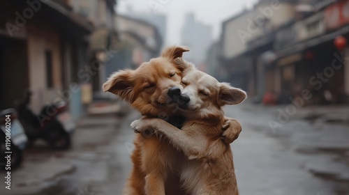 Sweet Dog Duo Hugging on a Street / 通りで抱き合う甘い犬のコンビ