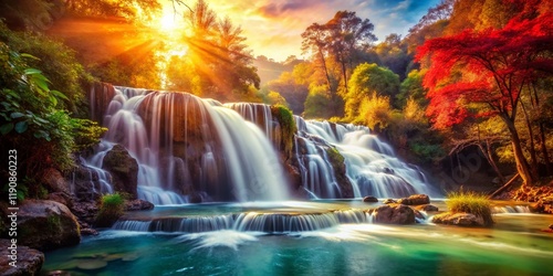 Vintage Style AI Generated Waterfall & Colorful Landscape Scenery Stock Photo