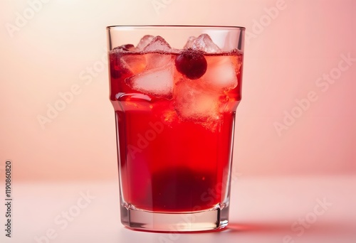 Summer sweet cherry drink with a splash of falling ice on a white wooden background.
