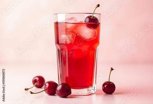 Summer sweet cherry drink with a splash of falling ice on a white wooden background.
