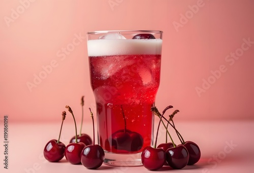Summer sweet cherry drink with a splash of falling ice on a white wooden background.
