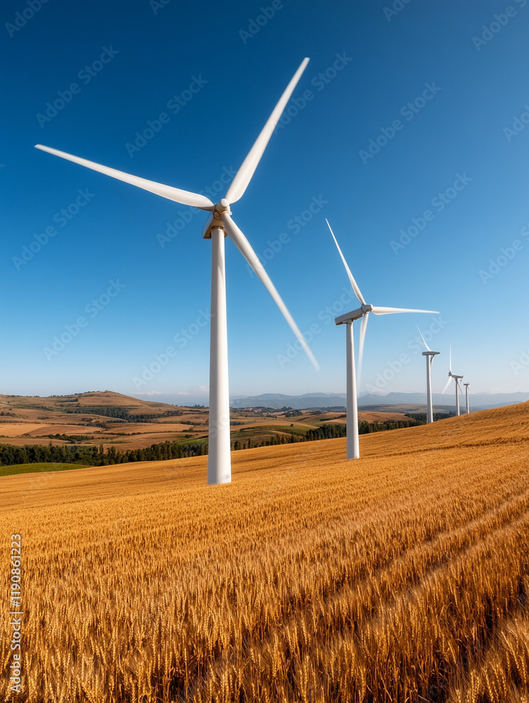 Wind turbines stand tall above golden wheat fields Wind turbines stand tall above golden wheat fields