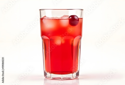 Summer sweet cherry drink with a splash of falling ice on a white wooden background.
