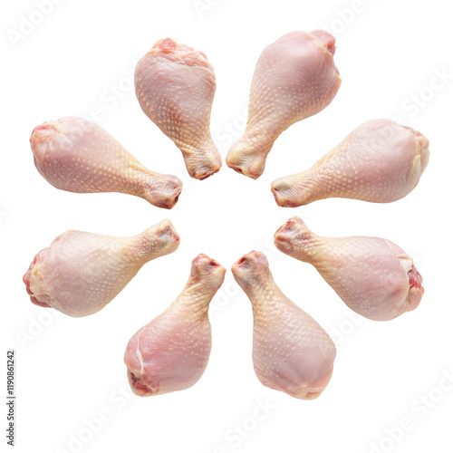 Fresh chicken drumsticks arranged in circular pattern, showcasing their raw texture and pale color. Ideal for culinary presentations or food related projects photo