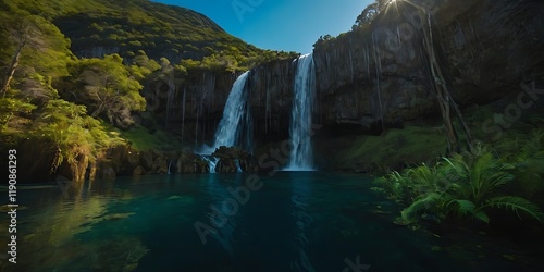View of a towering waterfall cascading into a luminous, bioluminescent lake