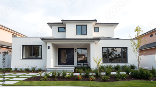 Modern Two-Story House Exterior: Stylish Minimalist Home Design with White Facade and Black Windows photo