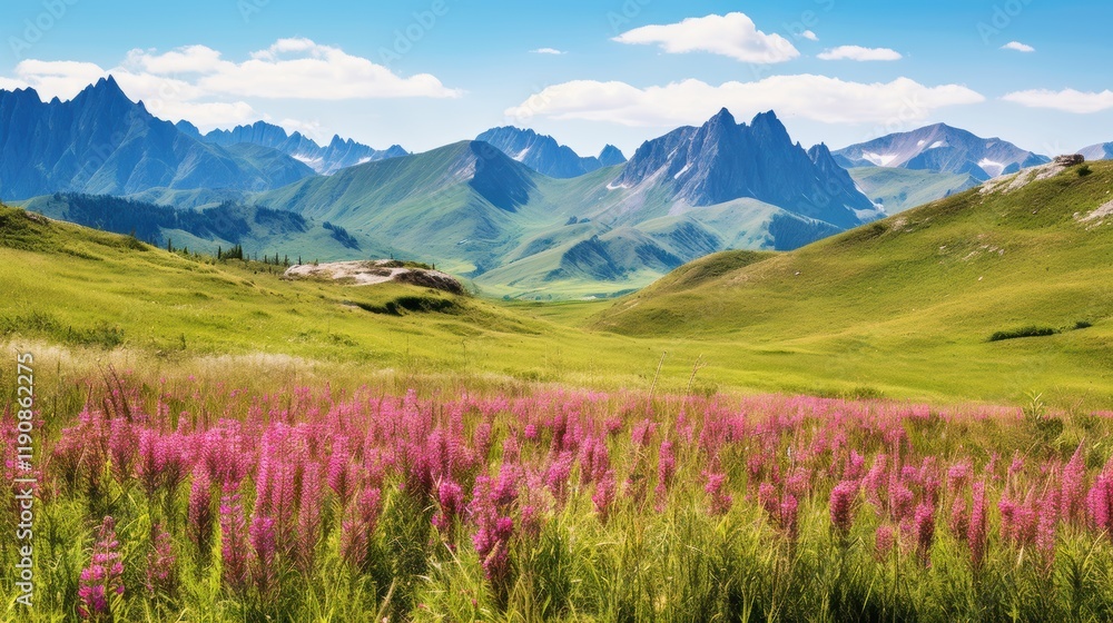 Obraz premium Breathtaking Mountain Panorama with Lush Meadows and Pink Wildflowers, Snow-Capped Peaks against Blue Skies