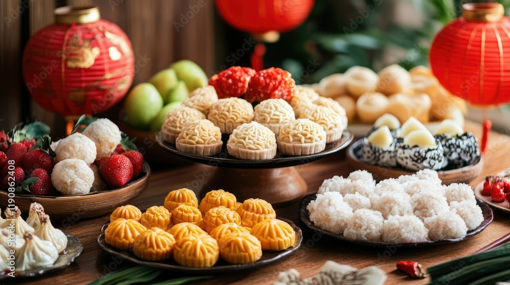 A beautifully arranged Chinese New Year dessert table, featuring sweet rice dumplings, mooncakes, and fruit, with decorative lanterns in the background. A beautifully arranged Chinese New Year dessert table, featuring sweet rice dumplings, mooncakes, and fruit, with decorative lanterns in the background.