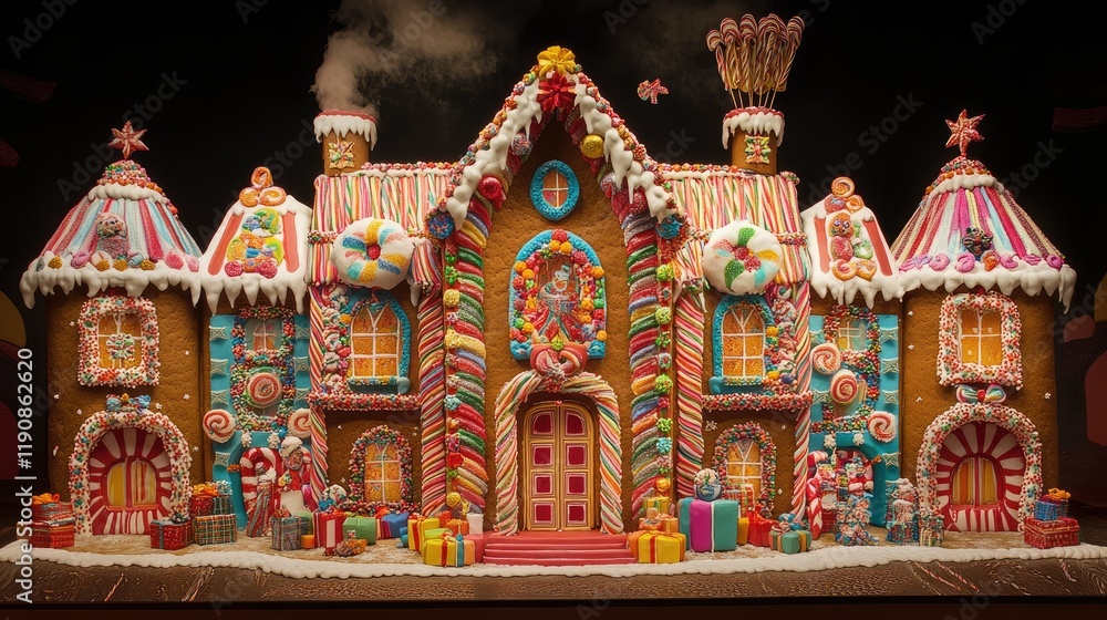 Fototapeta premium A beautifully crafted gingerbread house with bright candy details and icing accents, perfect for showcasing in a holiday-themed photo backdrop