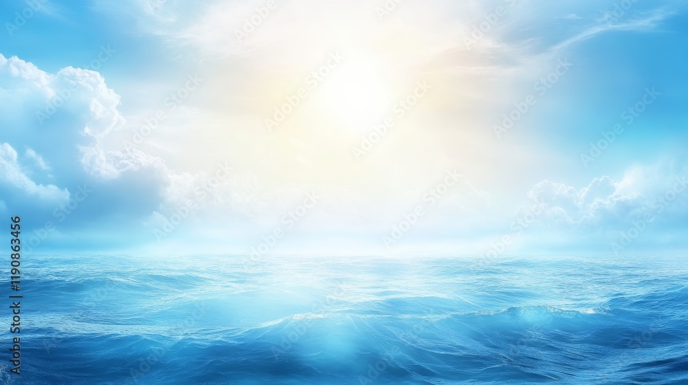 Obraz premium Ocean of Wellness, Serene Blue Water Waves Representing Health and Vitality Under a Radiant Sky