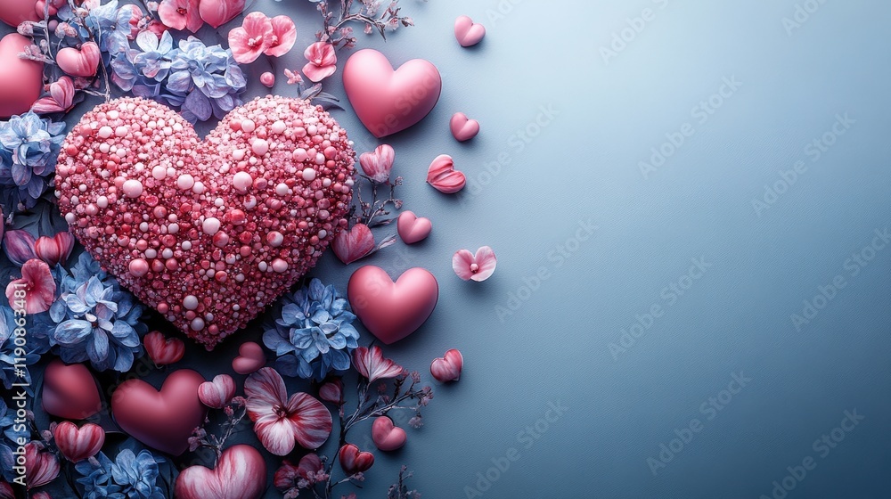 Obraz premium Heart shape surrounded by colorful flowers and smaller hearts on a white background valentine day