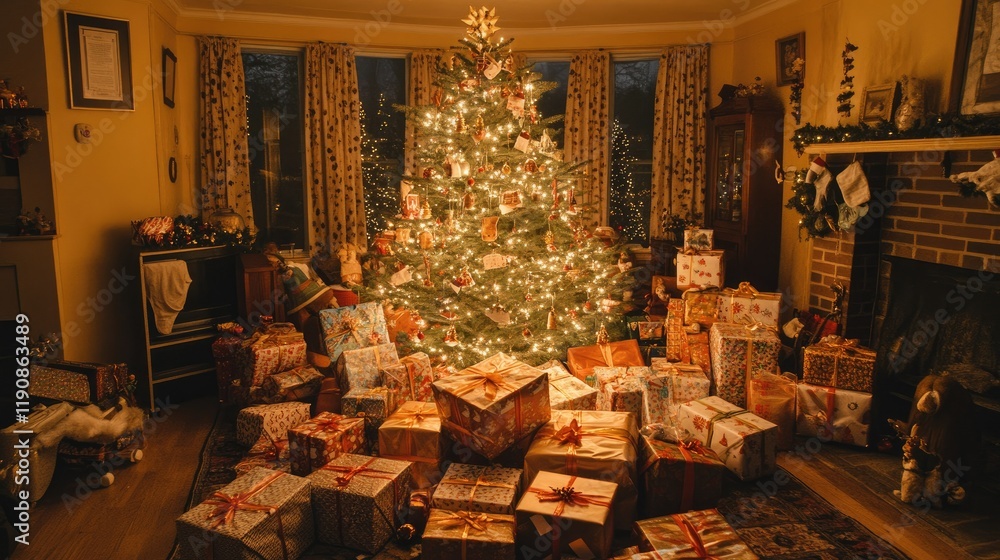 Fototapeta premium A beautifully lit Christmas tree surrounded by wrapped presents, set in a cozy and festive home for a Nativity party celebration