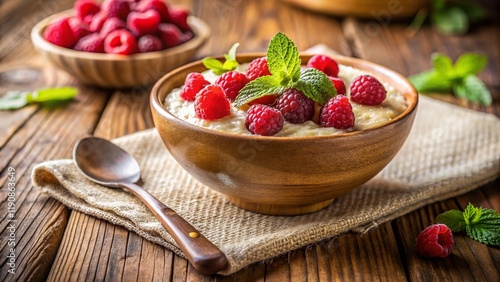 Warm Berry Porridge Breakfast Bowl on Rustic Wood - Stock Photo