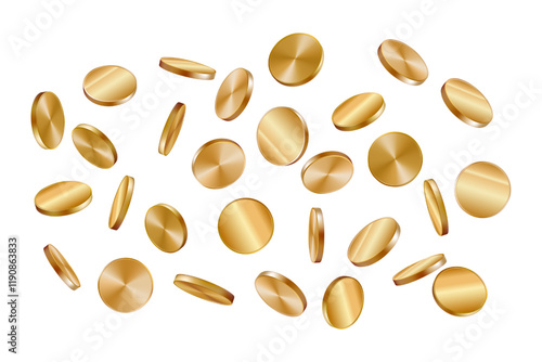 Gold coin falling top view. 3d money vector isolated casino dollar background. Cash spin golden rain insurance badge. Currency rotate game realistic illustration render. Treasure jackpot flying bank.