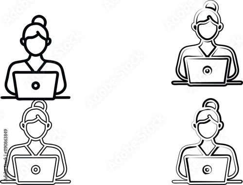 Simple line drawings, women working on laptops, minimalist icons, black and white illustrations, office workers, digital nomads, female professionals, top bun hairstyles, computer users, remote work c