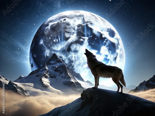 Majestic Lone Wolf Howling at the Moon in Mountain Range - Night Stock Photo photo