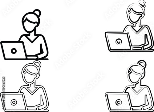 Simple line drawings, women working on laptops, minimalist icons, black and white illustrations, office workers, digital nomads, female professionals, top bun hairstyles, computer users, remote work c