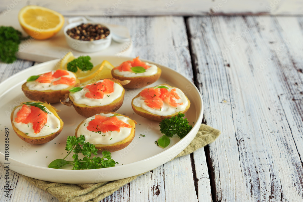 Ofenkartoffeln mit Kräuterquark und geräuchertem Lachs Ofenkartoffeln mit Kräuterquark und geräuchertem Lachs
