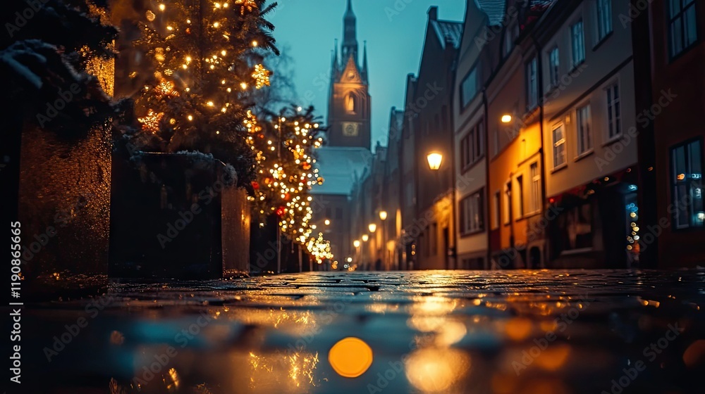 Obraz premium A breathtaking view of the illuminated streets near St. Mary's Church in Celle, Germany, with festive Christmas lights shining brightly in the evening