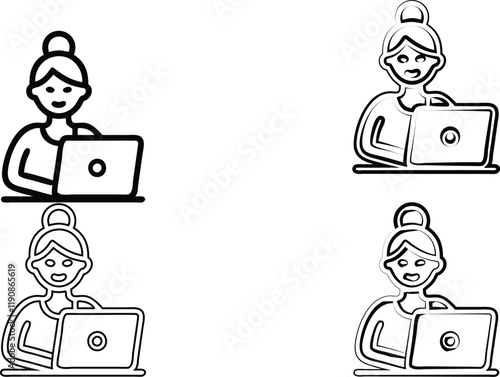 Simple line drawings, women working on laptops, minimalist icons, black and white illustrations, office workers, digital nomads, female professionals, top bun hairstyles, computer users, remote work c