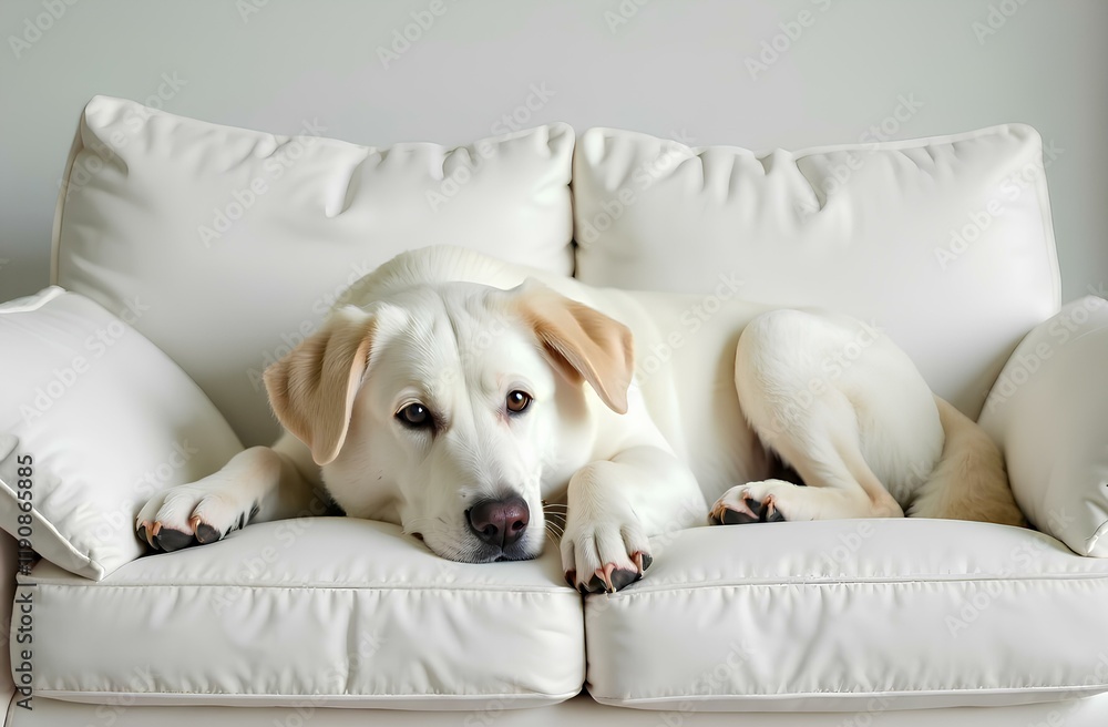 Obraz premium On a white sofa in a white room lies a beautiful big white dog. Dog on a sofa
