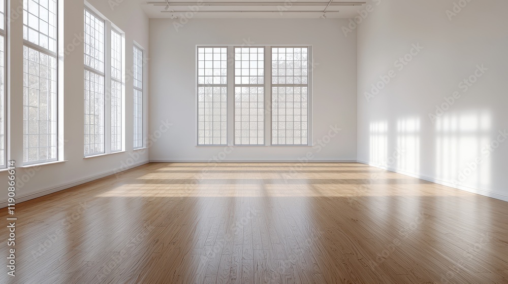 A bright, spacious room with wooden flooring and large windows allowing natural light to illuminate the interior. A bright, spacious room with wooden flooring and large windows allowing natural light to illuminate the interior.