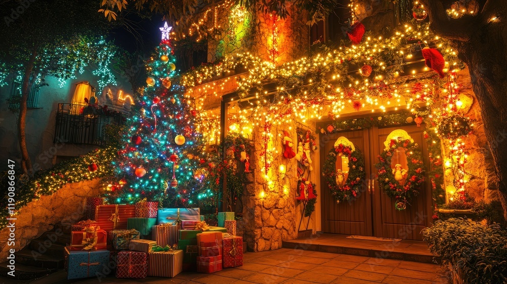Fototapeta premium A charmingly decorated house with a festive Christmas tree, glowing lights, and colorful presents, ready for a Nativity party celebration