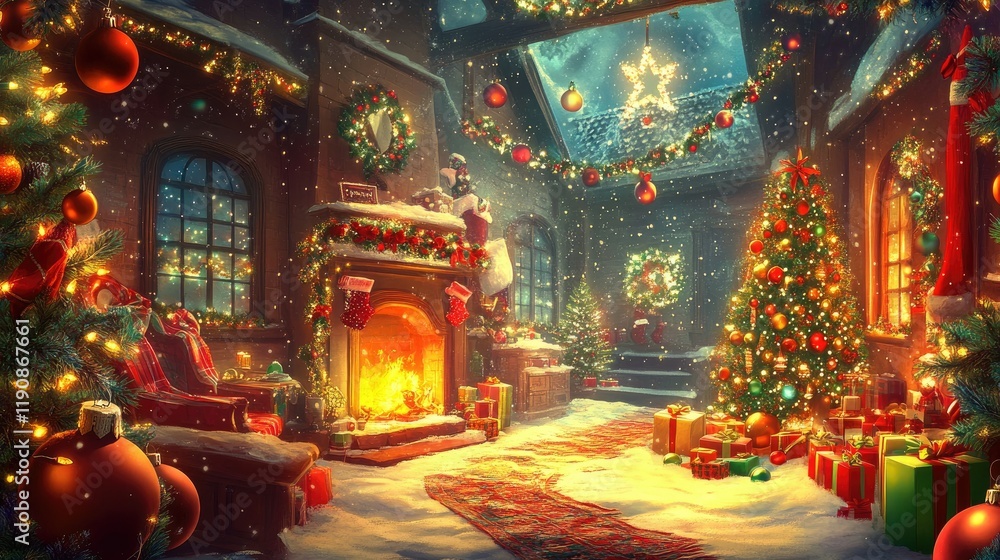Fototapeta premium A cheerful Merry Christmas and New Year backdrop with glowing ornaments, sparkling lights, and a cozy holiday atmosphere