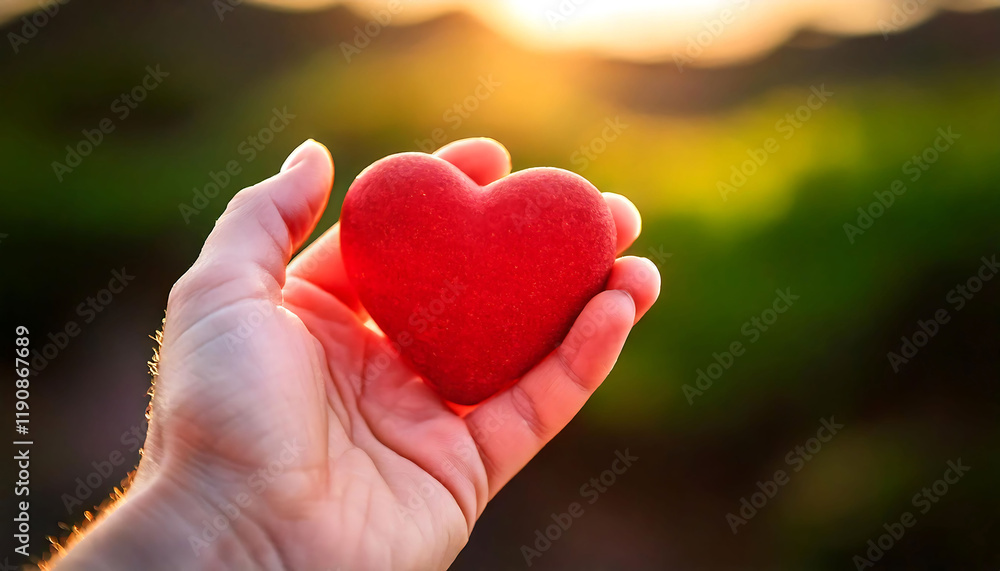Close-up of a hand gently holding a textured red heart against a warm, sun-drenched backdrop. Perfect for Valentine's Day, love, charity, or health-related projects. Close-up of a hand gently holding a textured red heart against a warm, sun-drenched backdrop. Perfect for Valentine's Day, love, charity, or health-related projects.