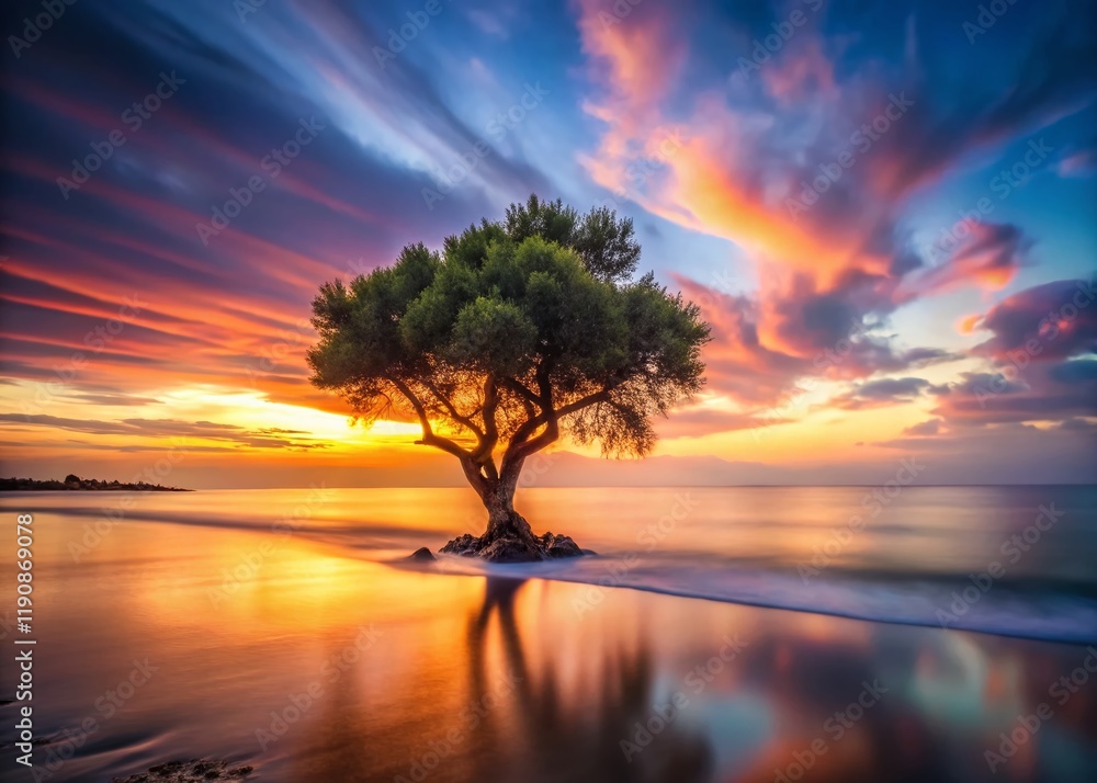 Majestic Olive Tree Silhouette at Dusk on Sandy Beach - Coastal Landscape Photography Majestic Olive Tree Silhouette at Dusk on Sandy Beach - Coastal Landscape Photography