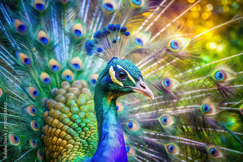 Majestic Peacock Double Exposure Portrait: Vibrant Feathers Close-Up Majestic Peacock Double Exposure Portrait: Vibrant Feathers Close-Up