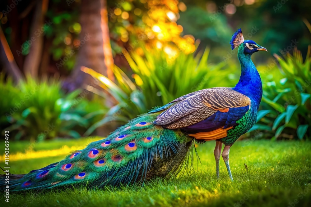 Obraz premium Majestic Peacock in Low Light Garden - Royal Bird on Green Lawn